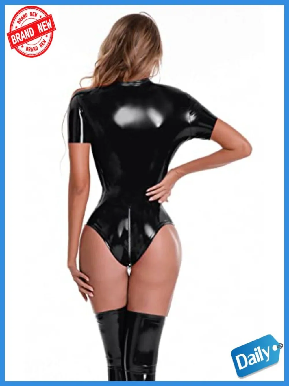 Faux Leather Bodysuit Shiny Metallic Sleeveless Jumpsuit for Party Club Cosplay